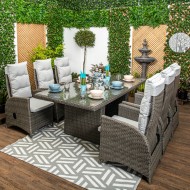 圣特罗佩-豪华藤花园家具-餐桌与六个斜倚餐椅在无烟煤软灰色靠垫