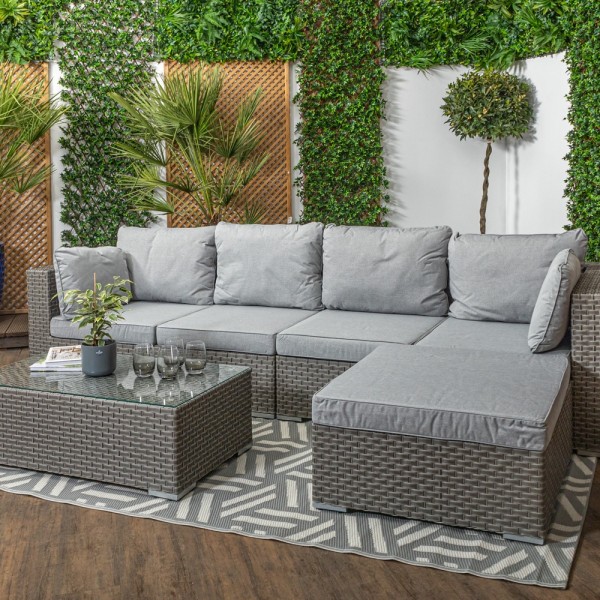 蒙特卡洛-高靠背藤花园家具沙发与咖啡桌，灰色靠垫和凳子