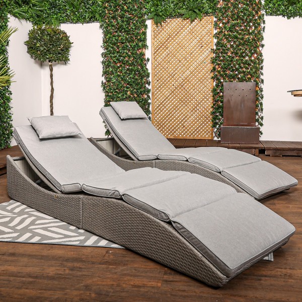 阿马尔菲-灰色藤条折叠躺椅与豪华填充灰色靠垫
