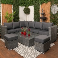 马赛-大型灰色藤9座角落沙发镶嵌玻璃咖啡桌,坐垫和凳子