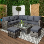 西西里岛-豪华灰色&无烟煤高背沙发角落镶嵌玻璃咖啡桌,两个凳子和缓冲