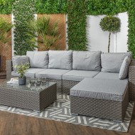 蒙特卡洛-高藤花园家具沙发和咖啡桌,灰色坐垫和凳子
