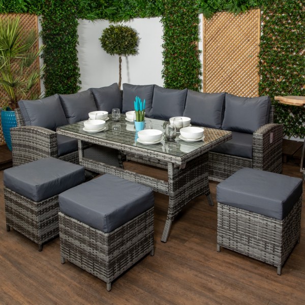 帕尔马灰色藤休闲沙发套高支持和餐桌就餐,包括三个凳子和缓冲